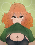 gentle giantess blushing size_difference cleavage bra shrunken_man orange_hair shirt_lift sihagen between_breasts miniguy