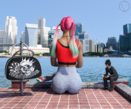 city long_hair butt clothed buildings pink_hair mini_giantess sitting ponytails river digital_render vedogon