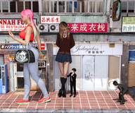 gentle city blonde long_hair clothed skirt street mini_giantess walking pants onlookers digital_render veragon