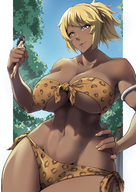 bikini breasts drawing giantess blonde color handheld ponytail amazon shrunken_woman dark_skin outdoors hands_on_hips fit leopard_print looking_at_tiny nose_piercing