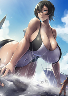 drawing giantess orca black_hair large_breasts swimsuit blue_eyes ocean ships docks