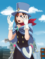 drawing gentle giantess city color blue_eyes clothed buildings brunette gloves standing outdoors hat ace_attorney top_hat trucy_wright apollo_justice athena_cykes pulling_up on_hat sizeable13