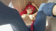 growth nipples gentle tail large_breasts long_hair green_eyes jeans topless outgrowing_building red_hair between_legs cat_girl indoors freckles point_of_view looking_at_viewer legs_spread digital_render ari minmax3d eliek