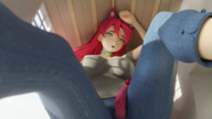 growth gentle tail large_breasts long_hair clothed green_eyes jeans outgrowing_building red_hair between_legs cat_girl indoors freckles point_of_view looking_at_viewer legs_spread digital_render bare_midriff ari minmax3d eliek