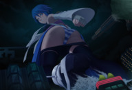 drawing giantess panties city color butt destruction high_heels buildings looming looking_down thighs kingdom_hearts looking_back striped_panties foreshortening pants_down ravenravenraven aqua_(kingdom_hearts) square_enix clothing_snag