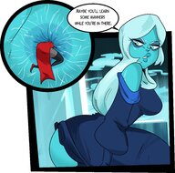 breasts drawing giantess color long_hair butt high_heels butt_crush tiny domination dress sitting anal_insertion blue_skin shrunken_woman dialogue blue_diamond slugmanoctavio3 minicinnabar cartoon_network