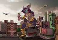 breasts drawing female giantess crush furry macro tail anthro alien color long_hair armor destruction clothed rampage cleavage buildings helicopter sitting vehicles outdoors lombax space_ship sitting_on_building graffiti glowing_eyes shoeprints asterope hair_streak syrma purplepawn