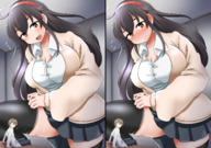black_hair long_hair skirt embarrassed looming shrunken_man thighs メジロ