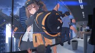 drawing giantess city color long_hair clothed buildings red_eyes brunette twintails office reaching standing clouds sky orange_eyes visor looking_at_tiny rifle bare_midriff girls_frontline sigure_dd142 ump9_mod
