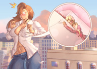 breasts drawing giantess blushing city mega blonde color glasses jeans brunette muscles abs pocket shirt against_breast bare_midriff clothing_entrapment lesgeantes