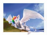 bikini breasts drawing female giantess crush furry macro tail wings anthro alien color clothed handheld barefoot water ocean island paws lying_down airplane looking_down outdoors lombax paw_pads heterochromia multicolored_hair windy asterope unusual_eyes purplepawn