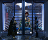 long_hair clothed red_hair mini_giantess sitting standing batgirl costume cape poison_ivy digital_render dc_comics imprisoned batwoman