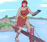 breasts drawing giantess mega color large_breasts long_hair bridge blue_eyes handheld cleavage skirt water ocean smiling giganta red_hair dress straddling costume ships earrings golden_gate_bridge belt bracelet san_francisco wading dc_comics bare_legs yourmaskedditto kerifik