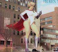 breasts giantess city mega blonde destruction handheld buildings boots vehicles cape leotard hands_on_hips power_girl looking_at_tiny digital_render dc_comics between_breasts braden-gts
