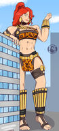 breasts drawing giantess city mega color large_breasts barefoot cleavage buildings green_eyes giganta red_hair ponytail muscles collar earrings top belt bracelet sports_bra leopard_print dc_comics loincloth bare_midriff captain-henson