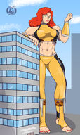 breasts drawing giantess city mega color large_breasts long_hair barefoot buildings green_eyes giganta red_hair muscles pants top belt bracelet dc_comics bare_midriff captain-henson