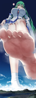 drawing giantess feet giga city color large_breasts long_hair toes soles anime green_eyes touhou low_angle green_hair kochiya_sanae heart looming mountains point_of_view imminent_crush continents ds00309