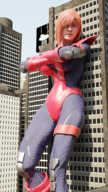 breasts giantess city mega large_breasts long_hair buildings green_eyes gloves red_hair boots leaning_against_building costume giant_girl looking_at_viewer belt digital_render mary_jane spider-man marvel_comics earth_20052 ci0
