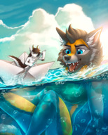 furry size_difference dragon swimsuit blue_eyes fox spoon swimming miniguy downscaled tatujapa paperboat