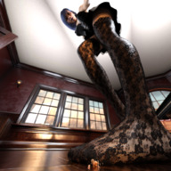upskirt cleavage low_angle shrunken_woman looking_down female_domination maid_uniform pinned under_foot ai_tanaka bare_thighs