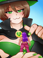 large_breasts handheld cleavage shrinking green_eyes witch animation magic cape majoumegami