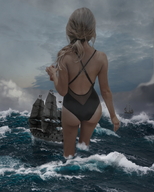 giantess collage mega blonde butt swimsuit water ocean ponytail storm ships pirates wading behind_view