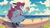 bikini giantess furry macro tail shark long_hair beach red_hair vehicles sneakers between_fingers road picked_up fins fox-pop apron55