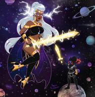breasts drawing giantess white_hair giga space color large_breasts armor sword skirt high_heels goddess yellow_eyes red_hair boots planets blue_skin storm giantesses dark_skin galactus cape earrings lightning bracelet stars tiara x-men helmet glowing_eyes white_eyes cosmic_giantess bare_legs mystique marvel_comics bare_midriff empress ameliaafterdark infinity_gauntlet galactique