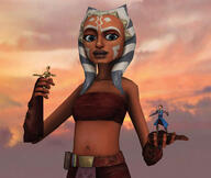 breasts giantess horns mega alien robot blue_eyes handheld skirt gloves star_wars pants top belt bellybutton looking_at_tiny digital_render orange_skin togruta roodedude bare_midriff ahsoka_tano jedi ahsoka anakin_skywalker battle_droid Mega lekku