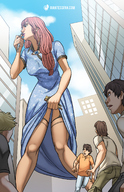 breasts drawing gentle giantess city mega upskirt long_hair clothed handheld buildings red_hair dress kissing nylons onlookers giantessfan