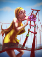 breasts drawing giantess mega blonde color long_hair bridge destruction ocean glasses green_eyes dress vehicles disney headband hairband bare_legs big_hero_6 honey_lemon picojin