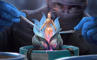 nude gloves shrunken_woman flower looking_back goggles laboratory instruments marc_brunet digital_painting scienteist
