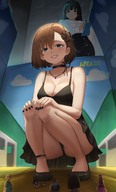 breasts drawing giantess panties upskirt black_hair color large_breasts cleavage skirt shoes brunette brown_eyes smiling dress short_hair thong kneeling shrunken_woman shrunken_man pen giantesses lipstick notepad nails indoors crouching experiment choker shirt point_of_view necklace earrings prisoners clipboard black_nails looking_at_tinies hair_pin kuroihassan