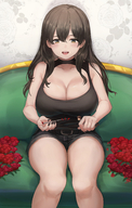 breasts handheld brunette sitting shrunken_man flowers needle kuroihassan