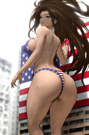 bikini breasts drawing giantess city mega color long_hair butt clothed brunette low_angle leaning_against_building american_flag flag_bra mountolympuscomics