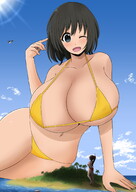 bikini giantess mega large_breasts cleavage ocean multiple_sizes island sitting standing onlookers yacht ddrawing