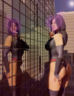 breasts giantess city mega black_hair butt buildings stockings purple_eyes gloves asian boots reflection costume belt leotard x-men psylocke digital_render marvel_comics ci0 finger_kiss