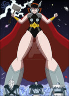 breasts drawing giantess mega color armor clothed brunette goddess looking_down standing avengers costume cape belt lightning hammer thor janet_van_dyne bare_legs marvel_comics the_wasp avengers_earths_mightiest_heroes frost_giants