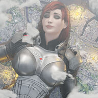 breasts giantess city mega sleeping large_breasts armor destruction buildings huge_breasts red_hair lying_down explosion clouds closed_eyes shepard digital_render mass_effect env_light jane_shepard
