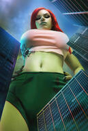 breasts giantess city mega large_breasts buildings helicopter red_hair shorts looking_down pants cosplay batman shirt top poison_ivy looking_at_viewer ripped_clothing hands_on_hips green_skin dc_comics bare_midriff alice_ivy_ash
