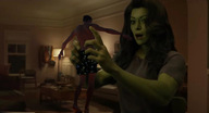 gentle collage long_hair clothed handheld barefoot muscles shorts shrunken_man she_hulk marvel_comics tshirt