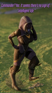 breasts giantess giga city alien armor destruction rampage buildings purple_eyes foot_crush tali mask outdoors dialogue hands_on_hips hood imminent_crush thick_thighs digital_render mass_effect talizorah quarian picjusbro anonymoly
