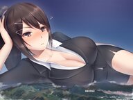 giantess giga cleavage brunette ponytail suit mountains sky giganticjoke sae_chabashira