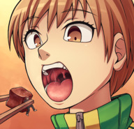 vore mouth saliva uvula mawshot open_mouth chopsticks imminent_vore persona_4 persona chie_satonaka thunderafterdark yosuke_hanamura