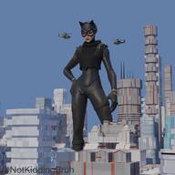 breasts giantess city mega buildings helicopter gloves mask batman costume catsuit hands_on_hips catwoman thief digital_render dc_comics notkiddingbruh