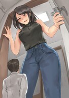 drawing gentle blushing black_hair clothed jeans mini_giantess looking_down door miniguy kkasi00