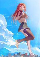 breasts drawing giantess giga city color large_breasts skirt buildings smiling red_hair tights background sky top strikewind pencamp