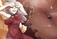 breasts drawing white_hair color cleavage sweat yellow_eyes unaware shrunken_woman staff disney rings mature earrings sisters clothing_entrapment between_breasts lewdssonk eda_clawthorne the_owl_house lilith_clawthorne
