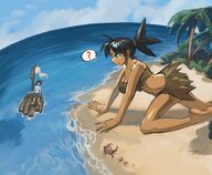 breasts drawing giantess mega black_hair color large_breasts beach bra skirt water ocean island ponytail crawling dark_skin sky palm_trees raft confused crabs vv00