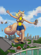 city blonde large_breasts buildings smiling fire shorts explosion downtown background multiple_tails view clear_sky top_bra